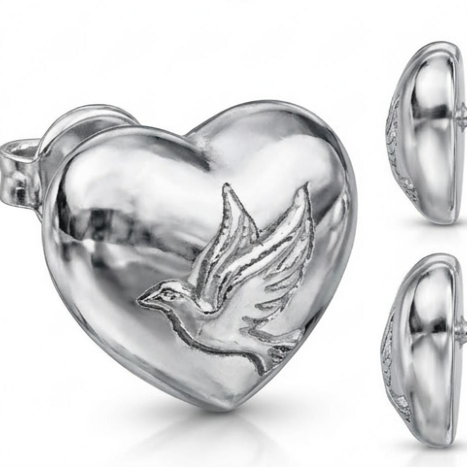 Love Dove Heart Stud Earrings | 925 Sterling Silver & Brass | Romantic Jewellery