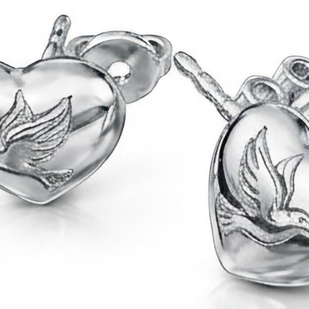 Love Dove Heart Stud Earrings | 925 Sterling Silver & Brass | Romantic Jewellery