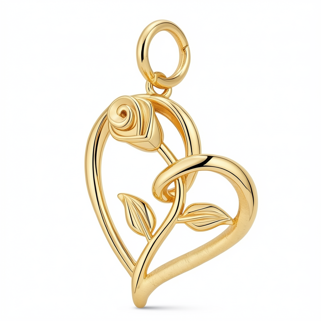 Golden Rose Heart Pendant Necklace – Solid 14K or 18K Gold – Romantic Floral Love Jewelry