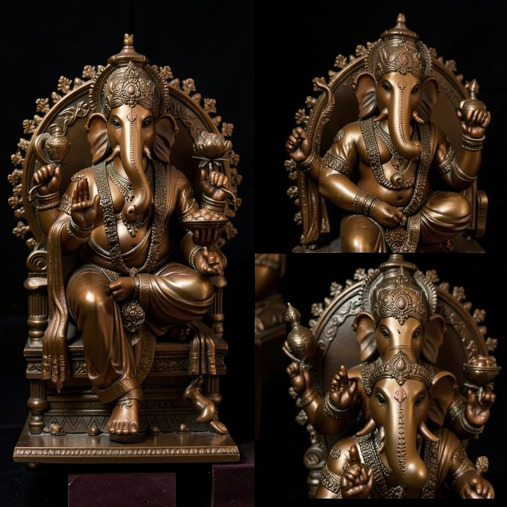 Lord Ganesh Bronze Statue with Modak & Blessing Gesture – Intricately Carved Divine Sculpture