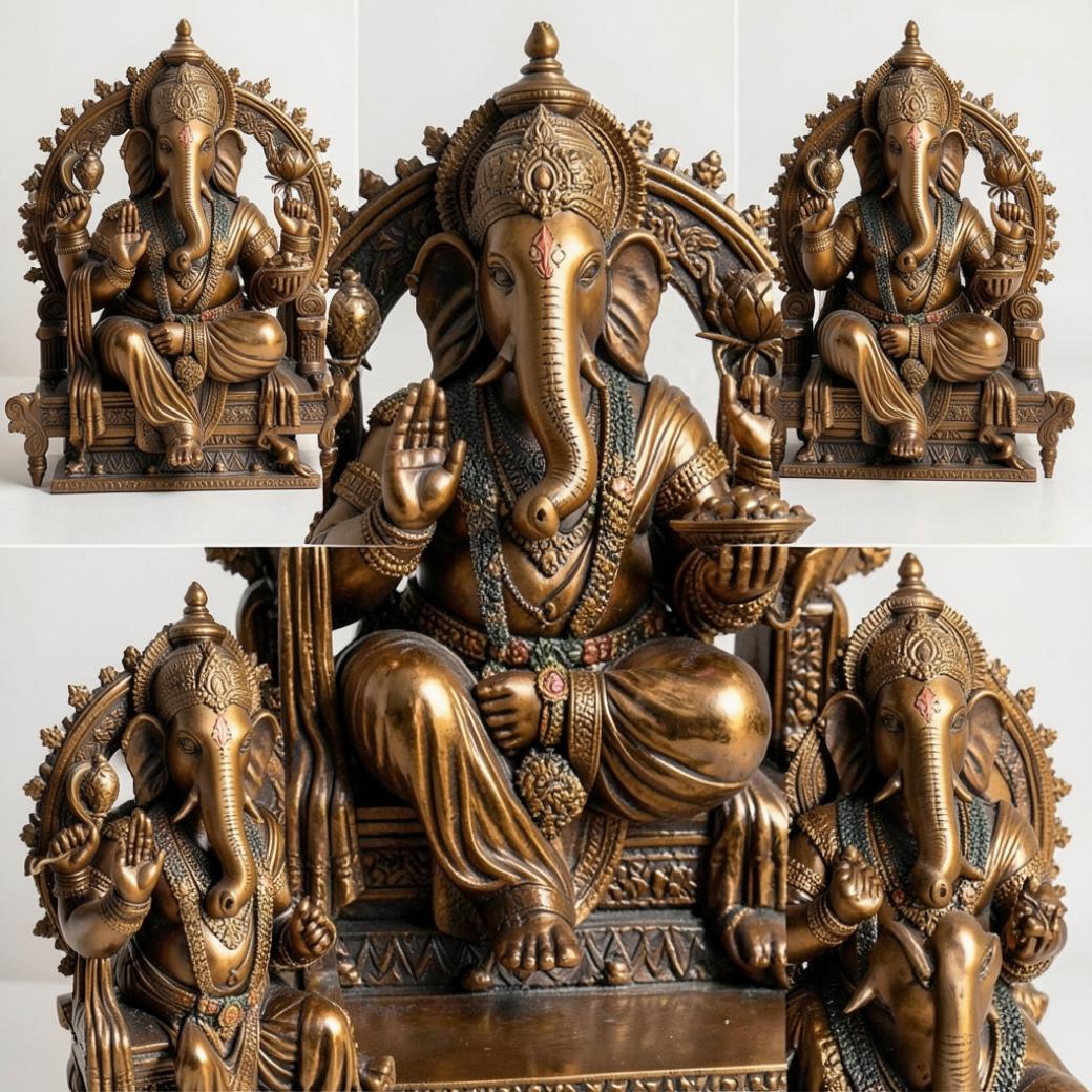 Lord Ganesh Bronze Statue with Modak & Blessing Gesture – Intricately Carved Divine Sculpture