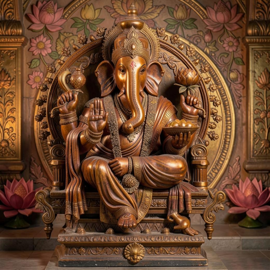 Lord Ganesh Bronze Statue with Modak & Blessing Gesture – Intricately Carved Divine Sculpture