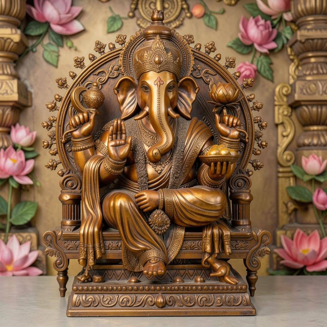 Lord Ganesh Bronze Statue with Modak & Blessing Gesture – Intricately Carved Divine Sculpture