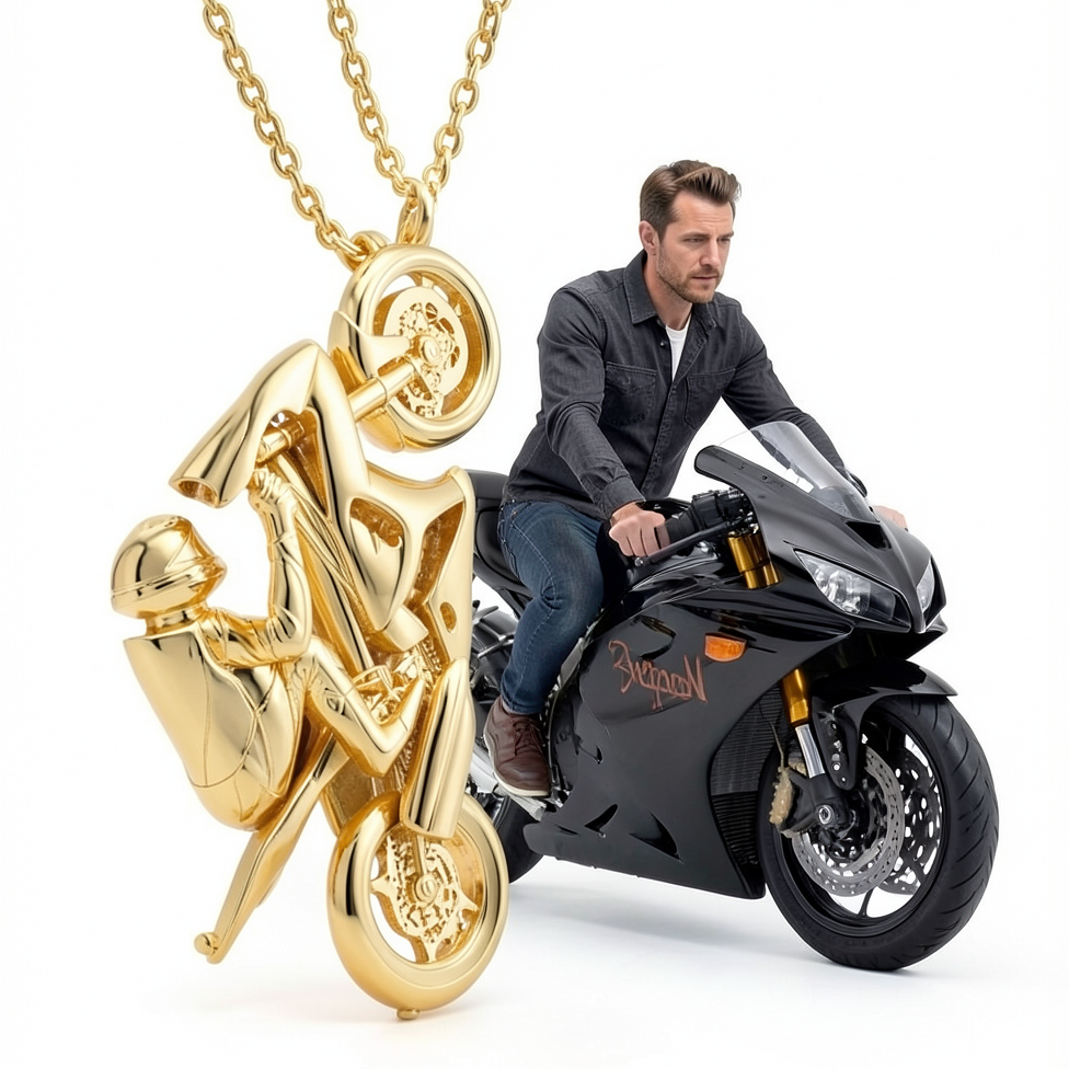 Solid Gold Racing Motorbike Pendant Necklace | Biker Jewelry Gift for Motorcycle Lovers