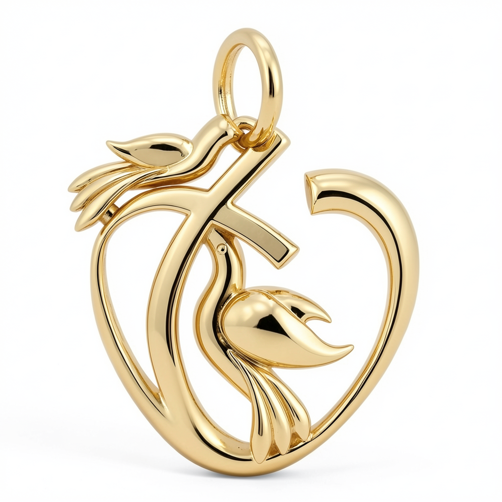 Solid Gold Heart and Dove Pendant - Symbolic Love and Peace Charm