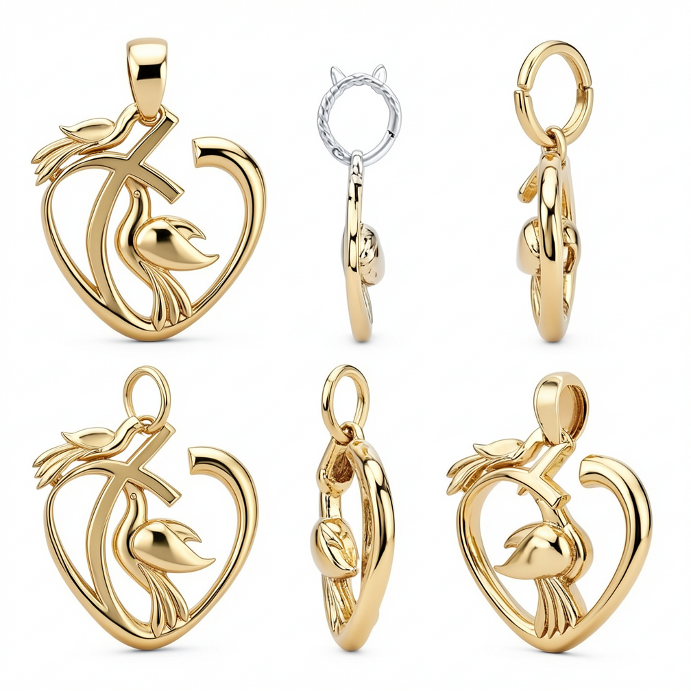 Solid Gold Heart and Dove Pendant - Symbolic Love and Peace Charm