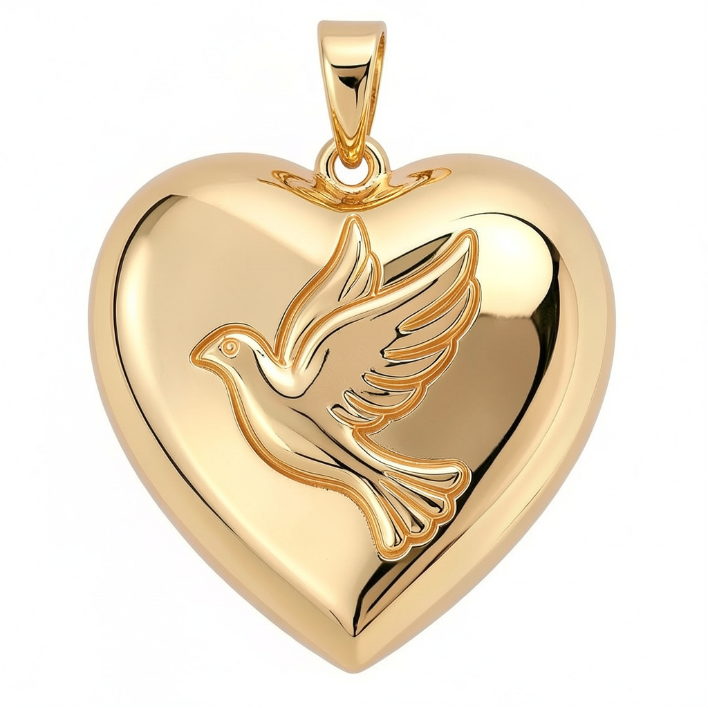Holy Spirit Dove Heart Pendant – 30mm Polished Yellow Gold – Christian Faith Necklace, Religious 3D Relief Charm
