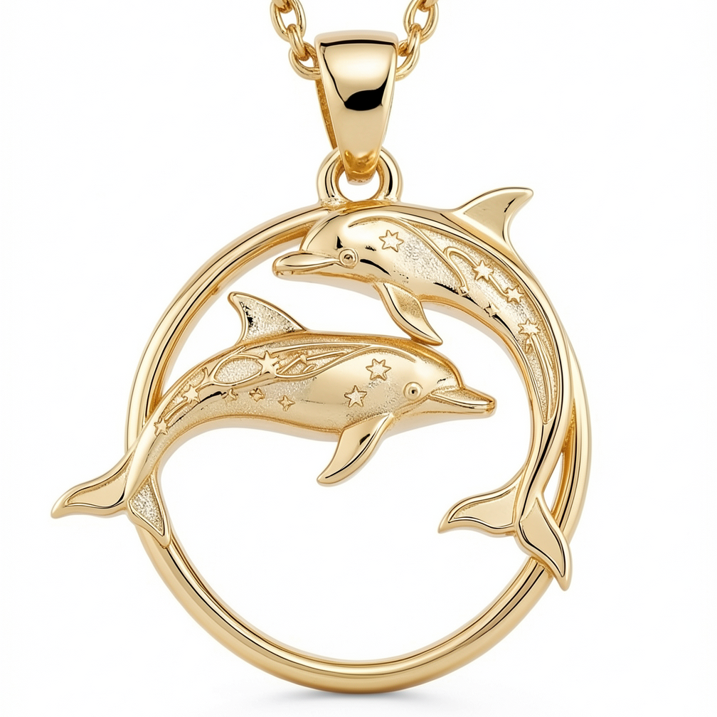 Polished Gold Dolphin Circle Pendant – Celestial Double Dolphin Necklace Charm – 25 x 23 mm