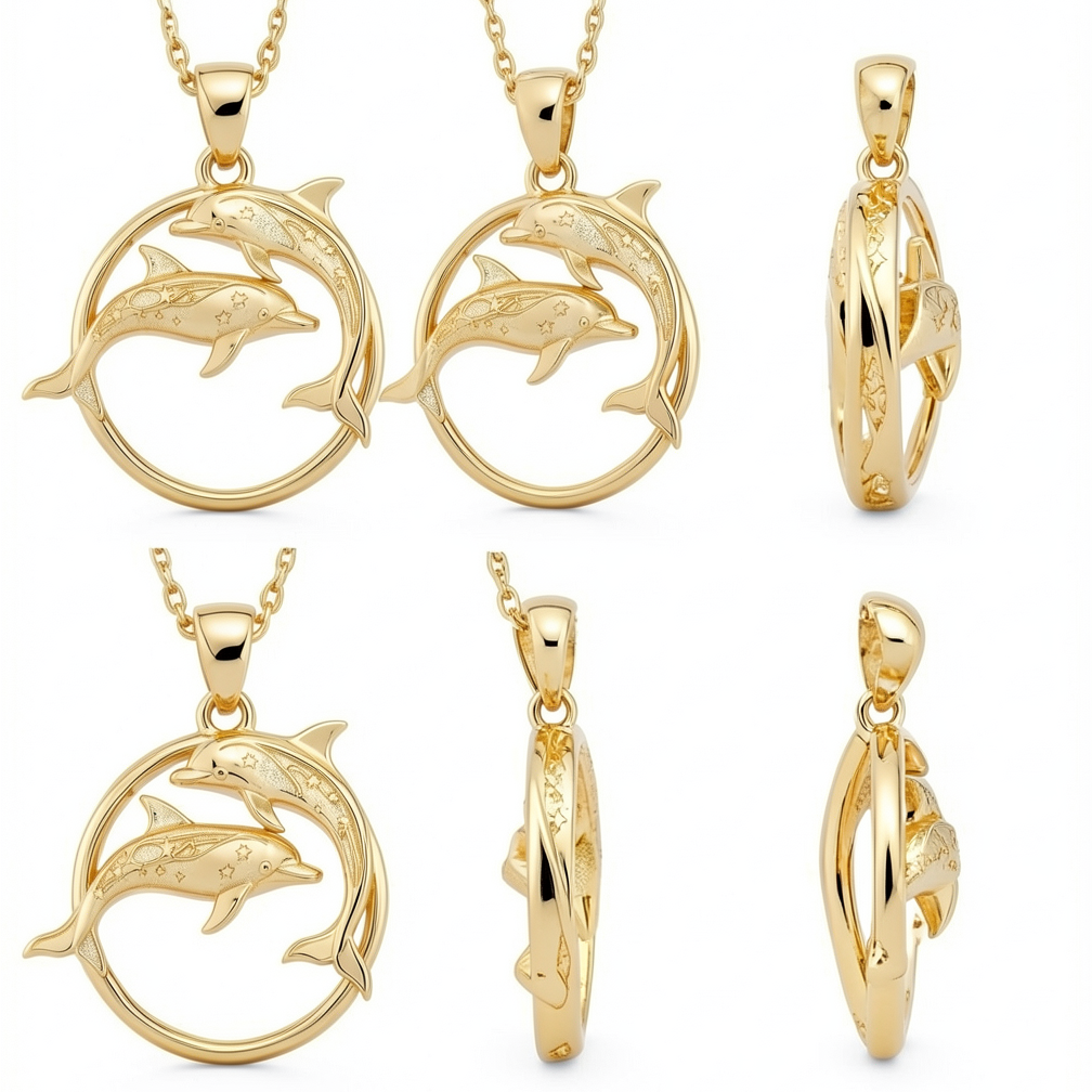 Polished Gold Dolphin Circle Pendant – Celestial Double Dolphin Necklace Charm – 25 x 23 mm