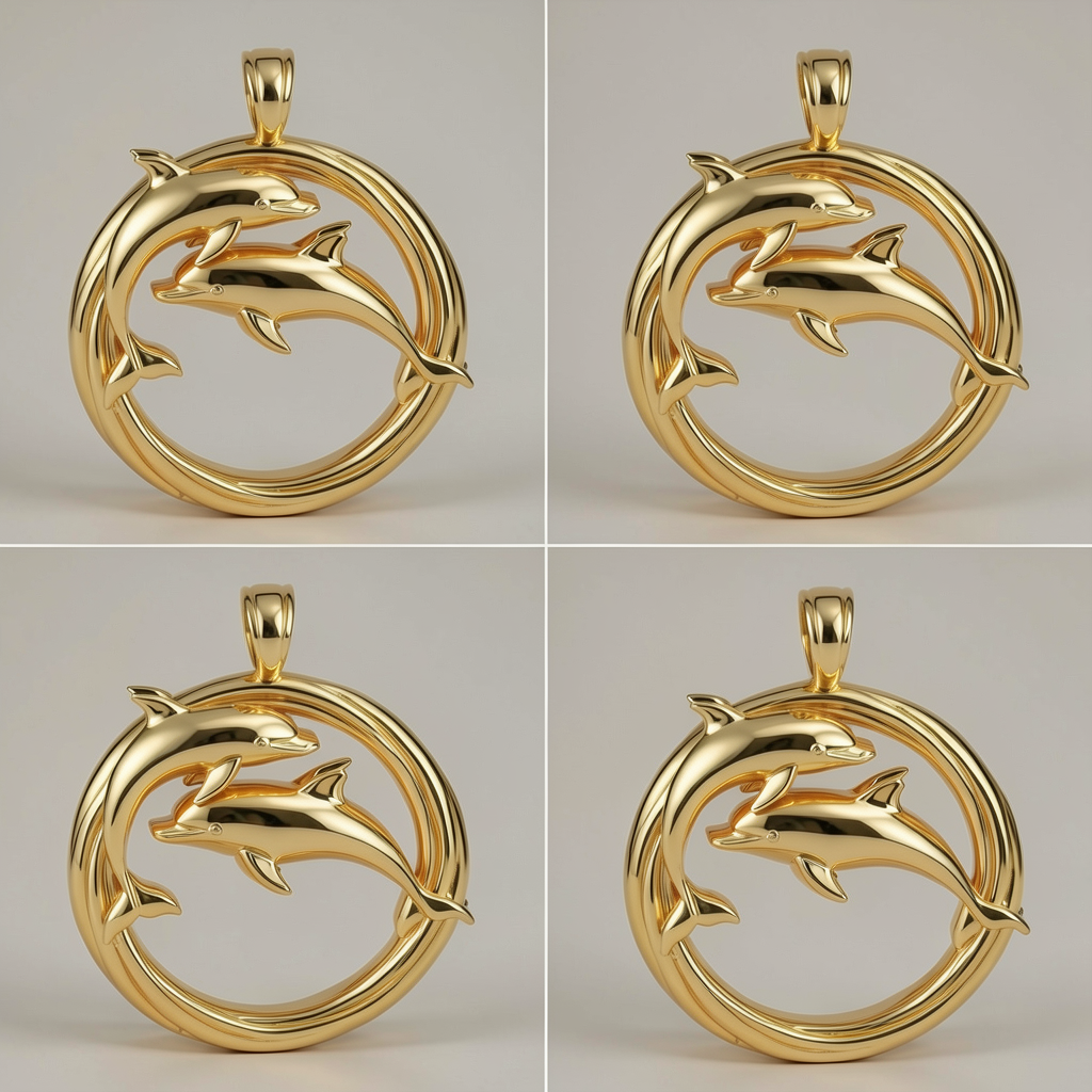 Polished Gold Dolphin Circle Pendant with Integrated Bail – Double Dolphin Necklace – 29 x 23 mm