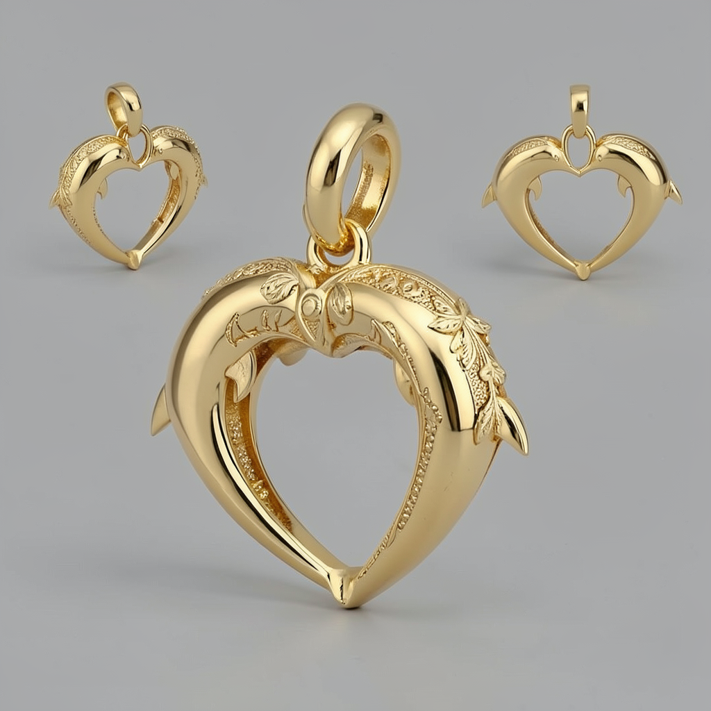 Gold Double Dolphin Heart Pendant with Integrated Bail – Polished Finish – 29 x 24 mm