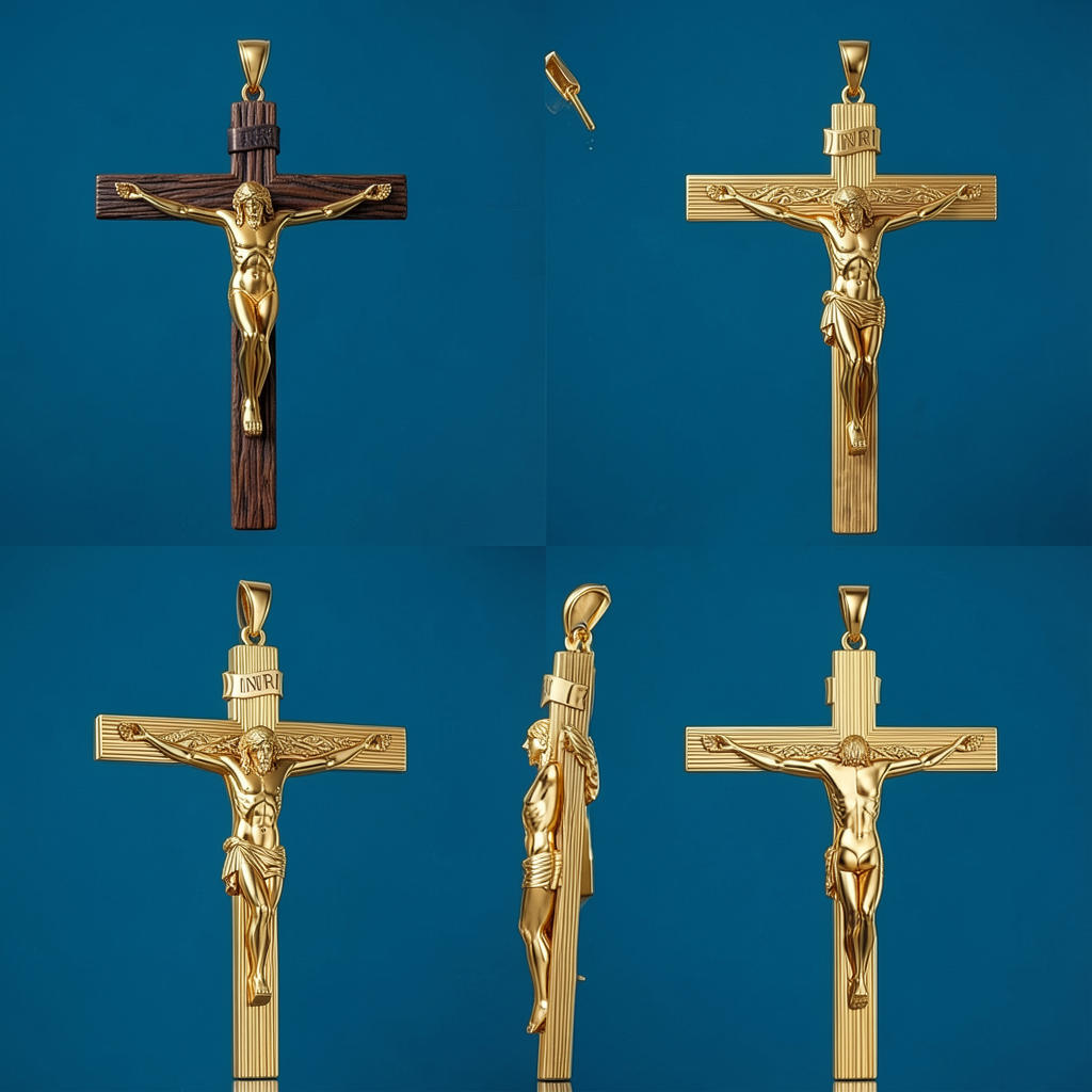 Polished Gold Crucifix Pendant 25x8x12mm – Wood Texture Cross – INRI Religious Charm