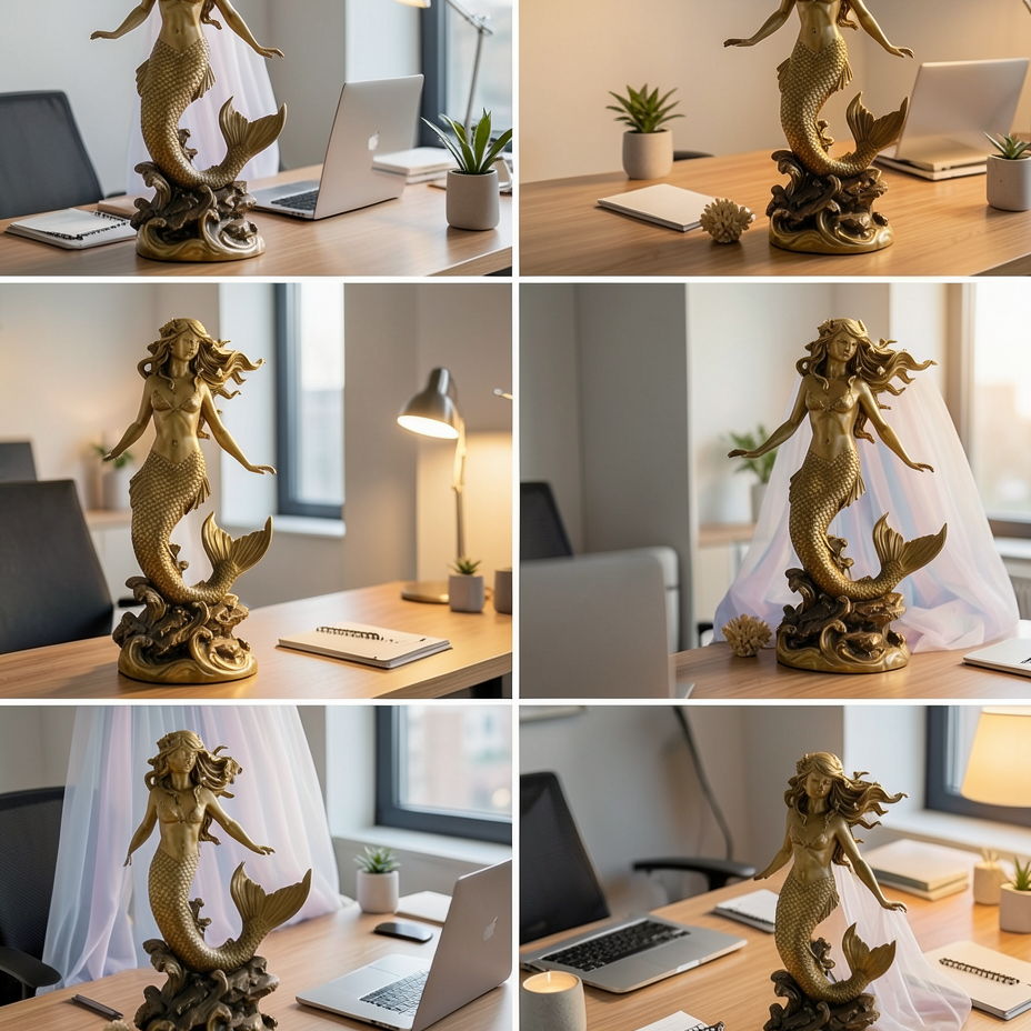 The Golden Mermaid Statue in gold finish by MokshaGoldSculptures, 250mm, displayed on a wooden desk.