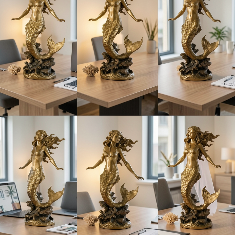 The Golden Mermaid Statue in gold finish by MokshaGoldSculptures, with flowing hair and detailed tail, 250mm.