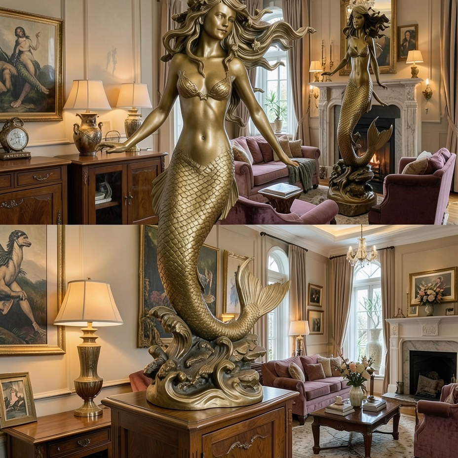 The Golden Mermaid Statue 250mm in gold finish by MokshaGoldSculptures, elegant 3D printed coastal décor.