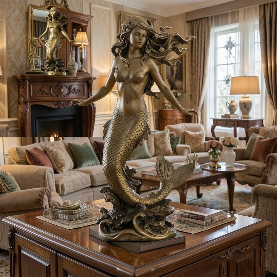 The Golden Mermaid Statue in gold finish by MokshaGoldSculptures, 250mm, elegant ocean-inspired sculpture.