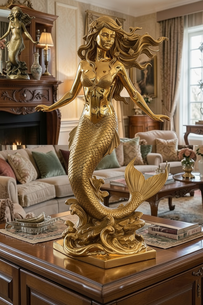 The Golden Mermaid Statue in gold-tone by MokshaGoldSculptures, flowing hair, smooth finish, detailed 3D design.