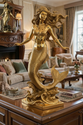 The Golden Mermaid Statue in gold-tone by MokshaGoldSculptures, flowing hair, smooth finish, detailed 3D design.