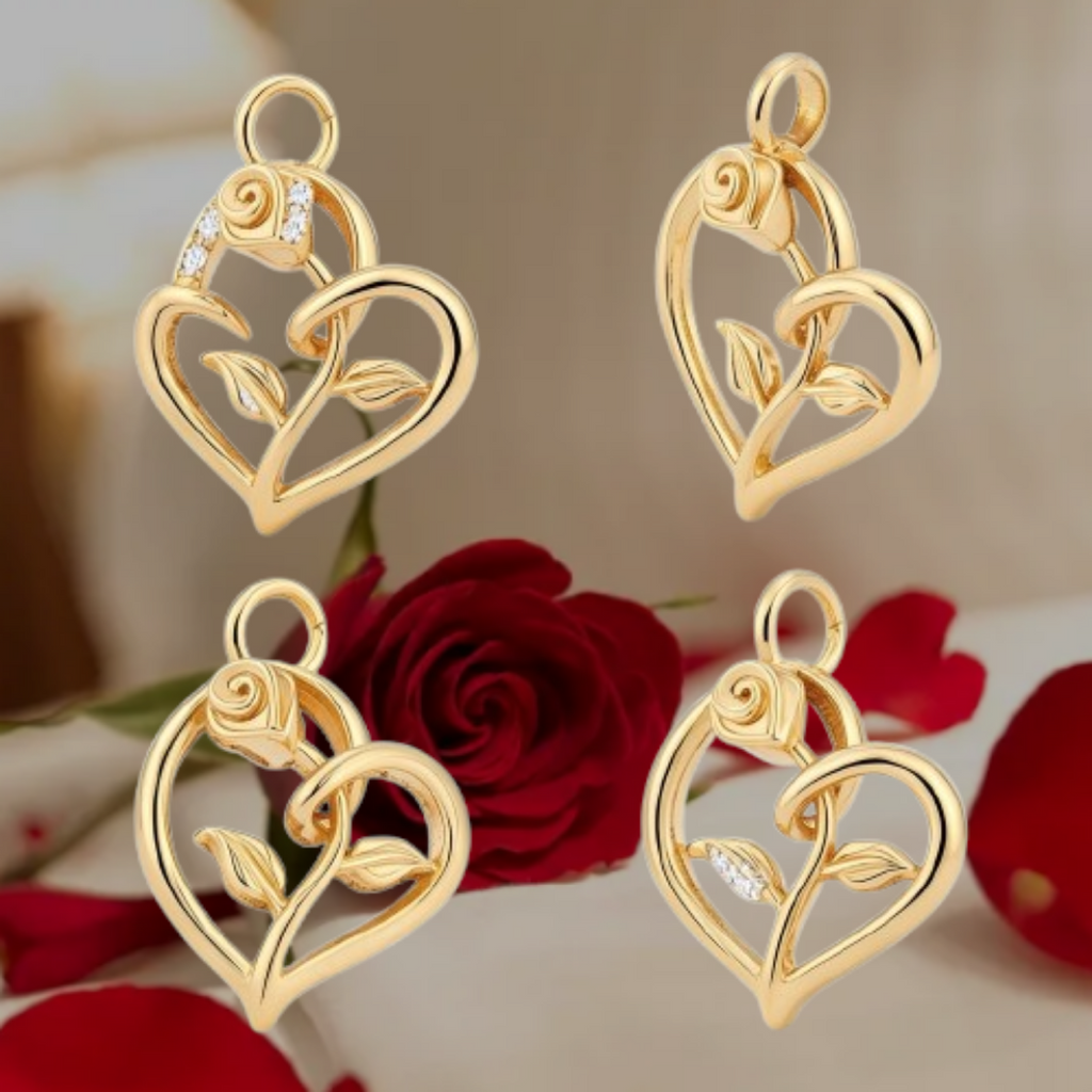 Golden Rose Heart Pendant Necklace – Solid Gold, Silver or Brass – Romantic Floral Love Jewelry