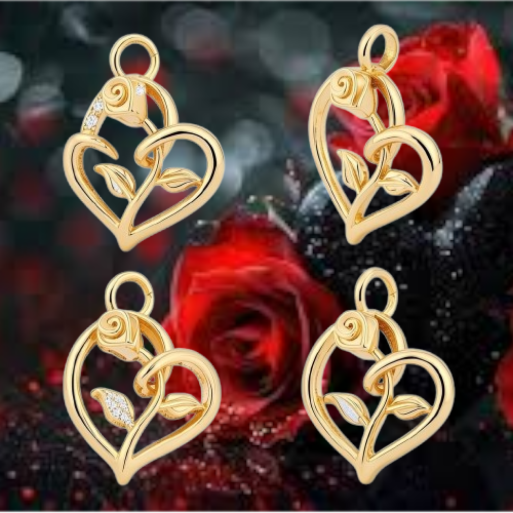Golden Rose Heart Pendant Necklace – Solid Gold, Silver or Brass – Romantic Floral Love Jewelry