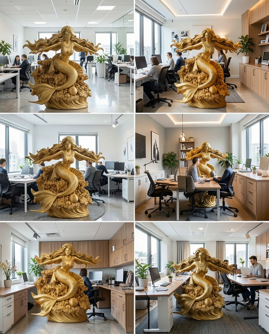 Golden Mermaid Statue 250mm | 3D Printed Mermaid Sculpture | Ocean Fantasy Decor | Coastal Figurine | Desk Display Art | Mythical Sea Goddess Gift