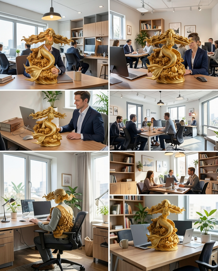Golden Mermaid Statue 250mm | 3D Printed Mermaid Sculpture | Ocean Fantasy Decor | Coastal Figurine | Desk Display Art | Mythical Sea Goddess Gift
