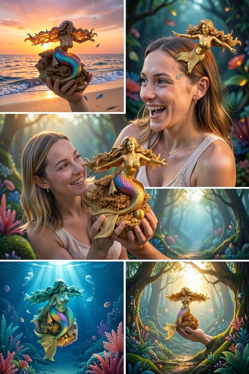 Golden Mermaid Statue 250mm | 3D Printed Mermaid Sculpture | Ocean Fantasy Decor | Coastal Figurine | Desk Display Art | Mythical Sea Goddess Gift
