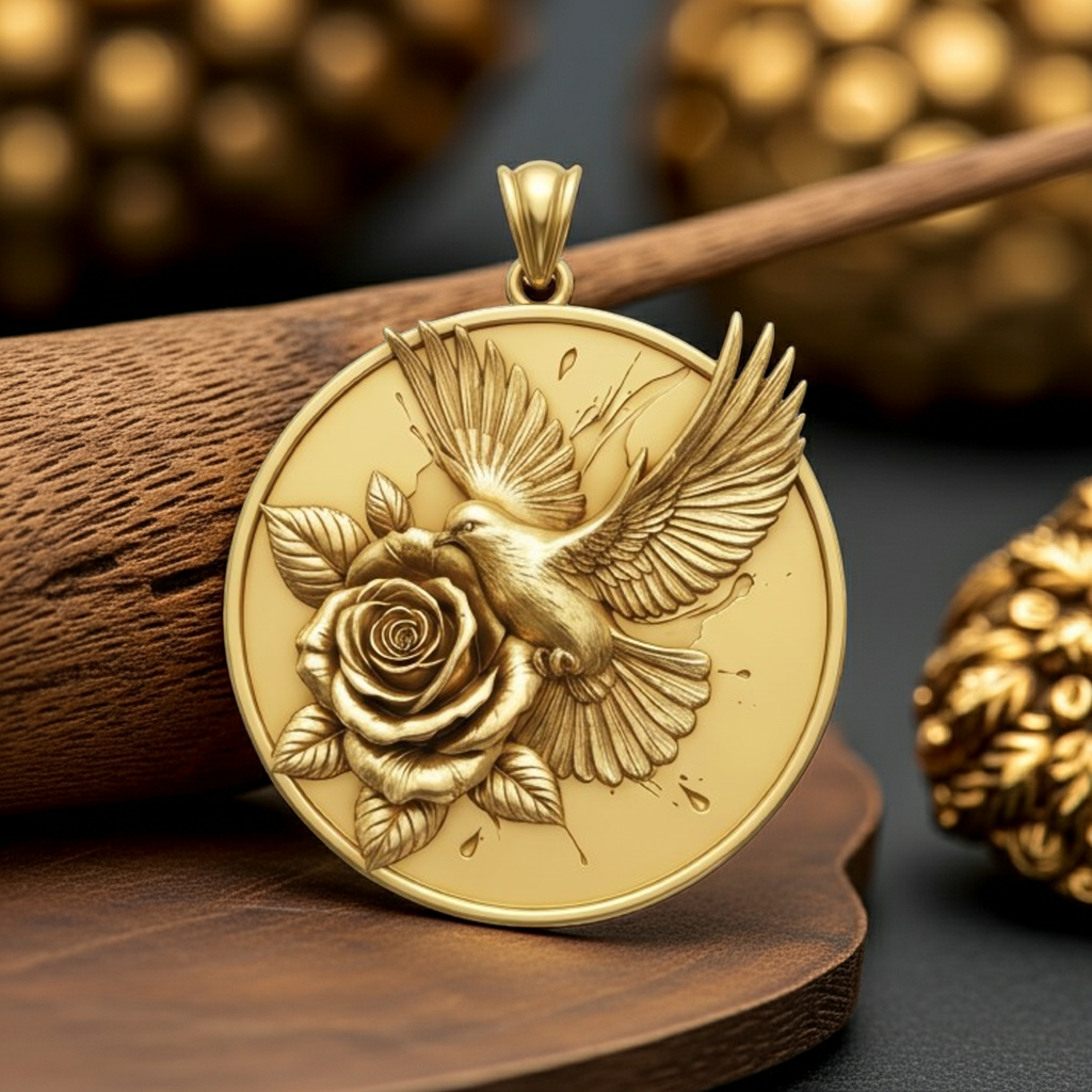 Hummingbird Necklace Gold Rose Pendant | 9K 14K 18K Gold Bird Necklace | Engraved Floral Jewelry | Nature Gift for Women | Handmade Charm