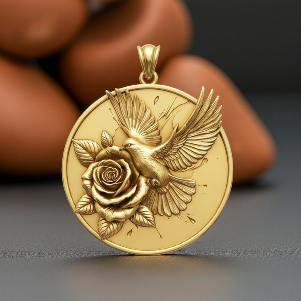 Hummingbird Necklace Gold Rose Pendant | 9K 14K 18K Gold Bird Necklace | Engraved Floral Jewelry | Nature Gift for Women | Handmade Charm