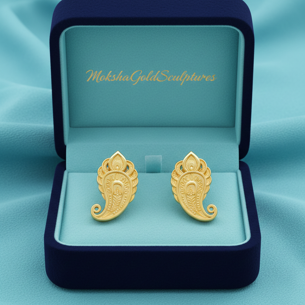Gold Paisley Pattern Stud Earrings, Ornamental Gold Earrings, Handmade Statement Jewellery