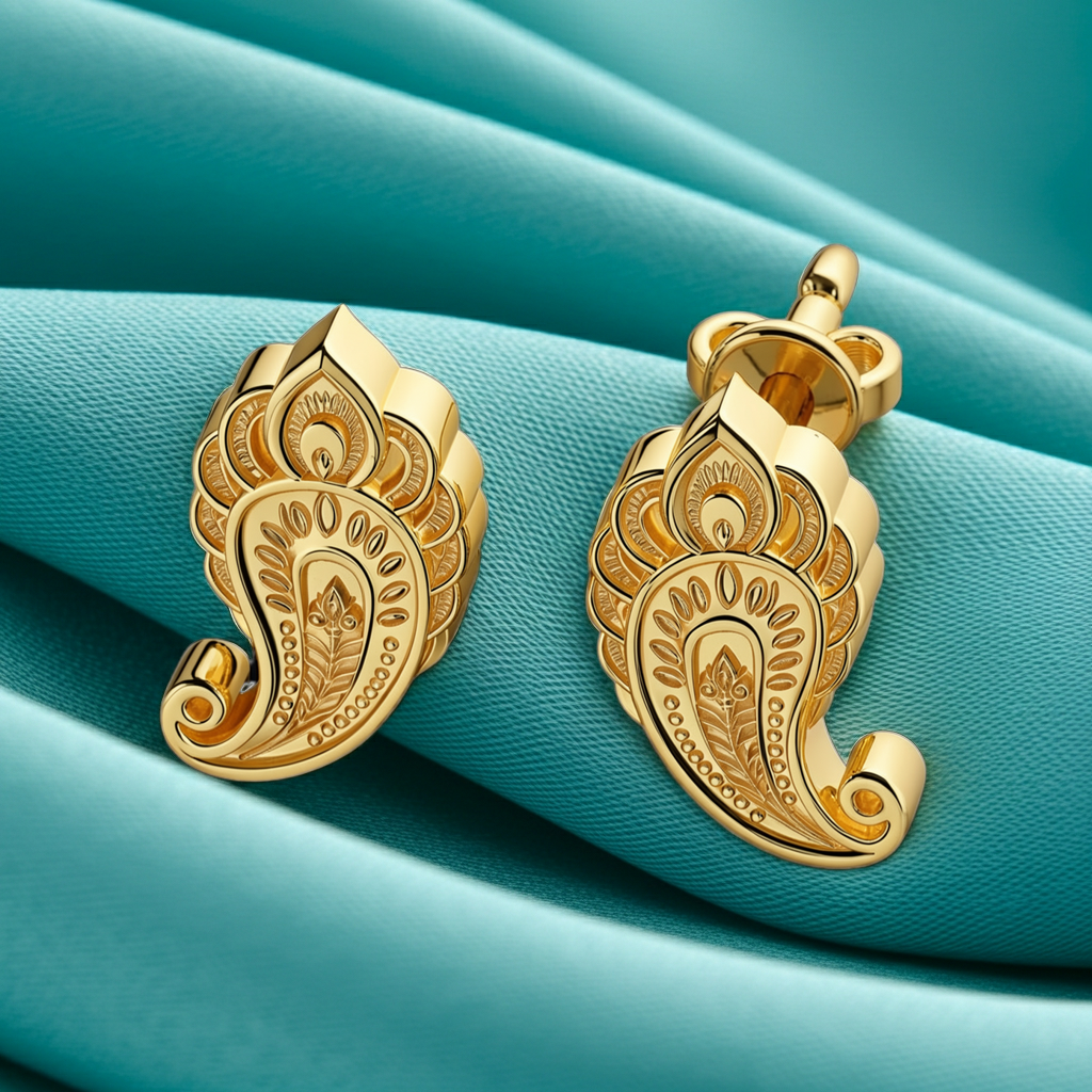 Gold Paisley Pattern Stud Earrings, Ornamental Gold Earrings, Handmade Statement Jewellery