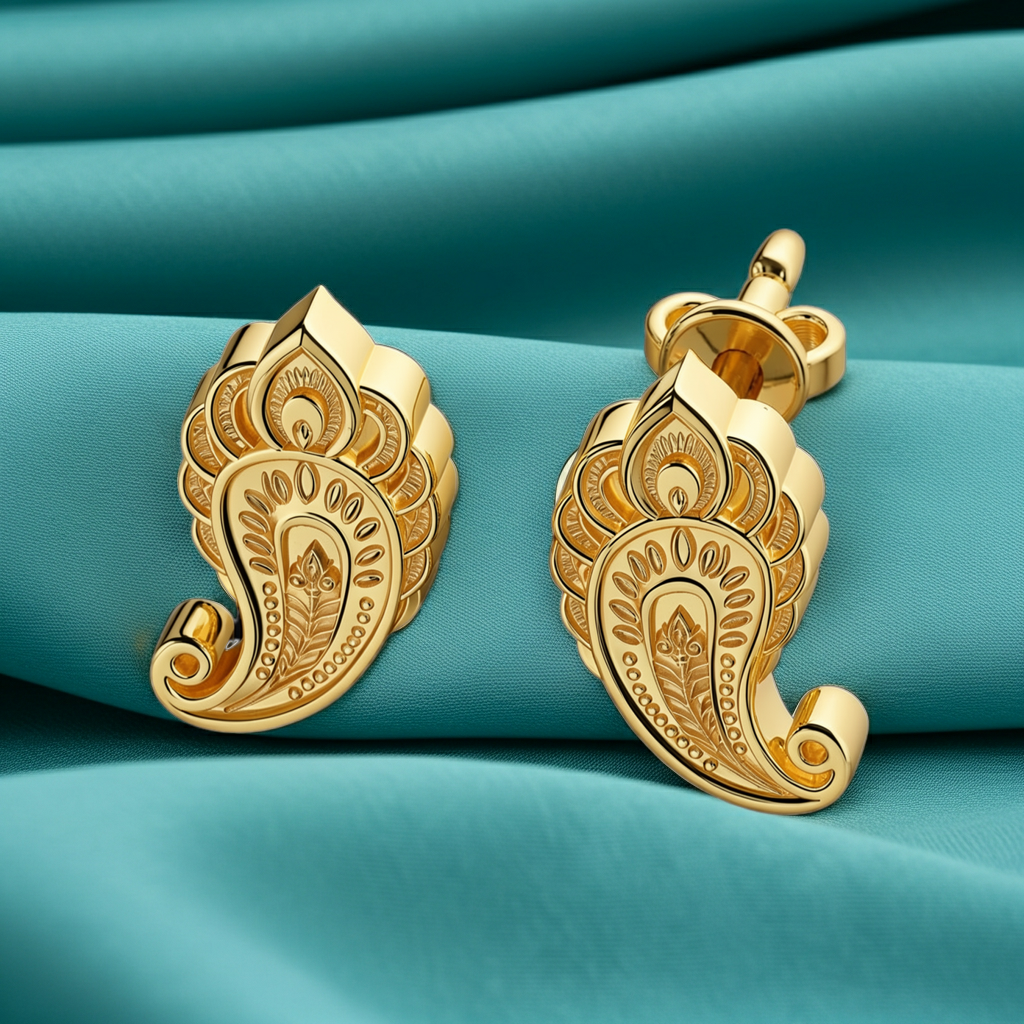 Gold Paisley Pattern Stud Earrings, Ornamental Gold Earrings, Handmade Statement Jewellery