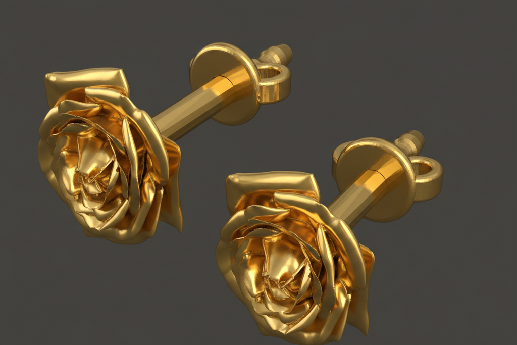 Polished Brass Rose Stud Earrings by MokshaGoldSculptures, sculptural floral studs with petal detail on dark background.