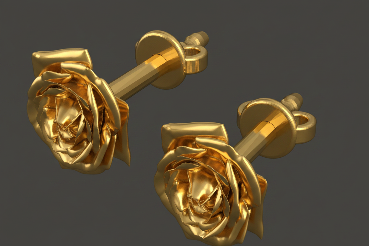 Polished Brass Rose Stud Earrings by MokshaGoldSculptures, sculptural floral studs with petal detail on dark background.