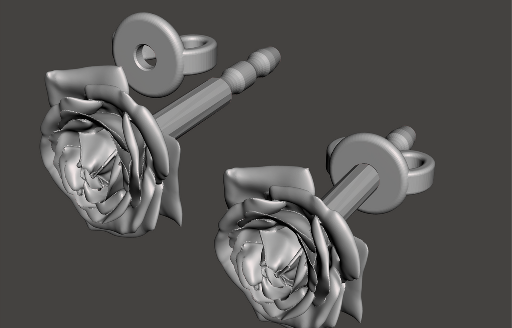 Polished Brass Rose Stud Earrings by MokshaGoldSculptures with intricate floral design, 3D-rendered on gray background.