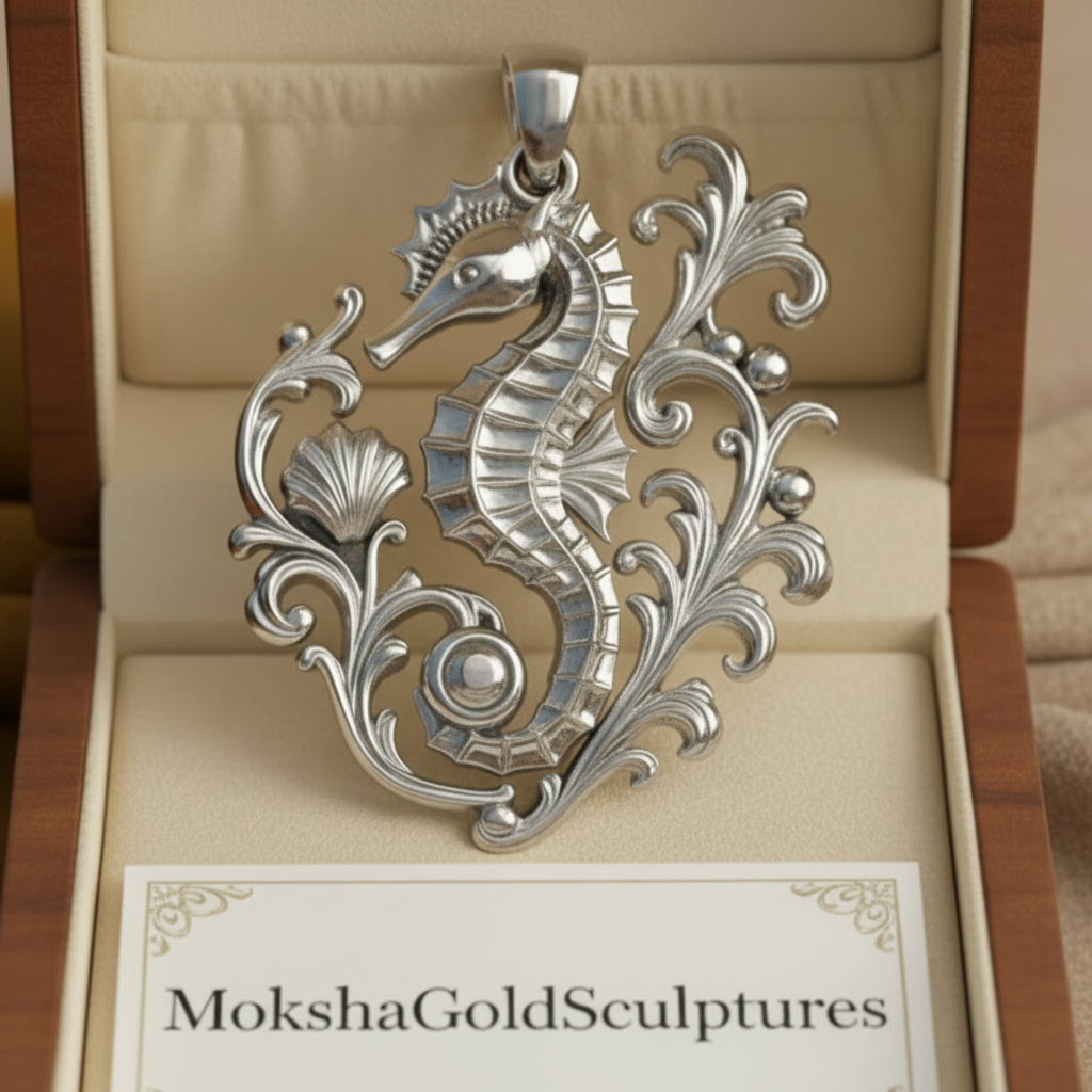The Seahorse Pendant Necklace in gold, silver, or brass by MokshaGoldSculptures displayed in an open jewelry box.
