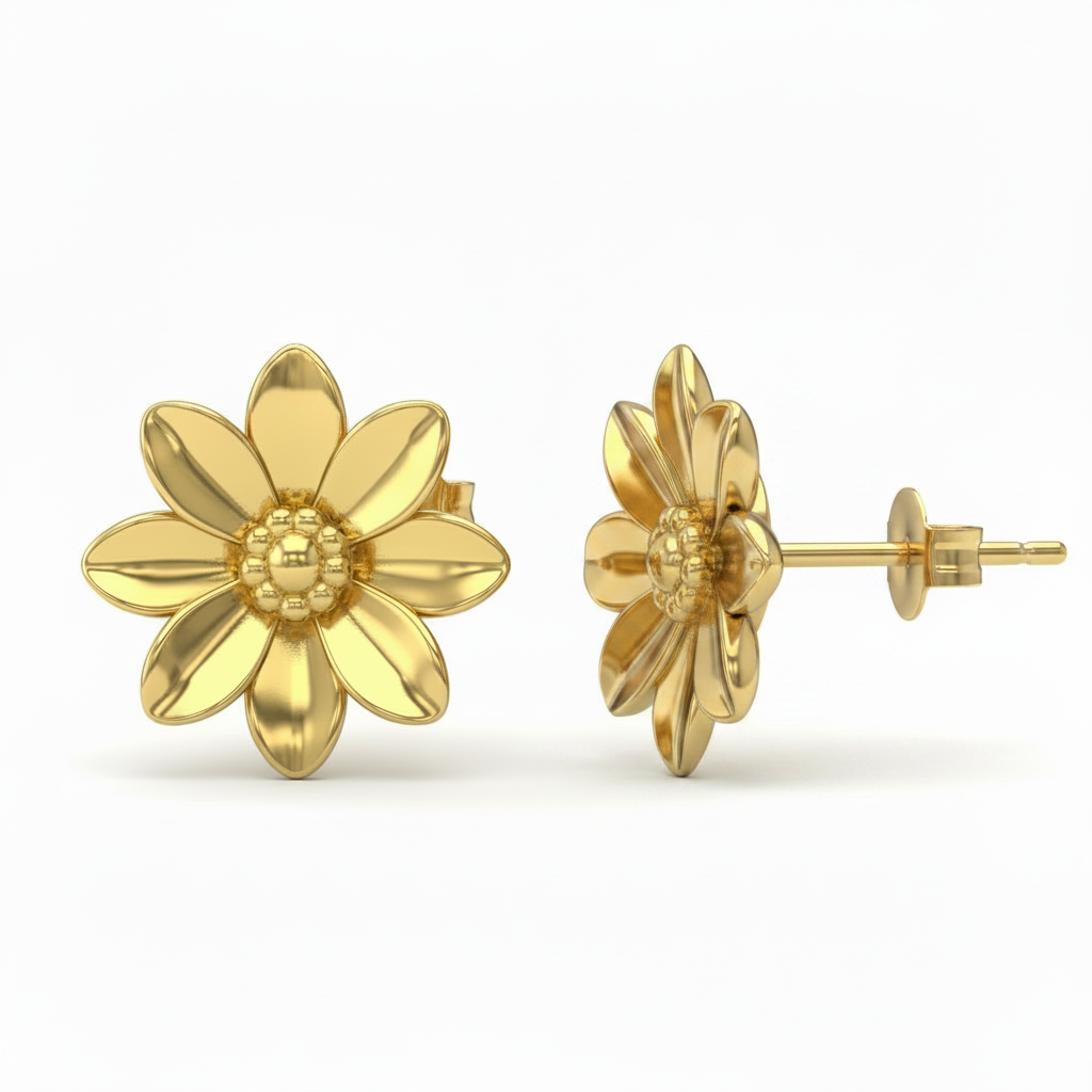 Polished Brass Flower Stud Earrings with textured petals by MokshaGoldSculptures, nature-inspired jewellery.