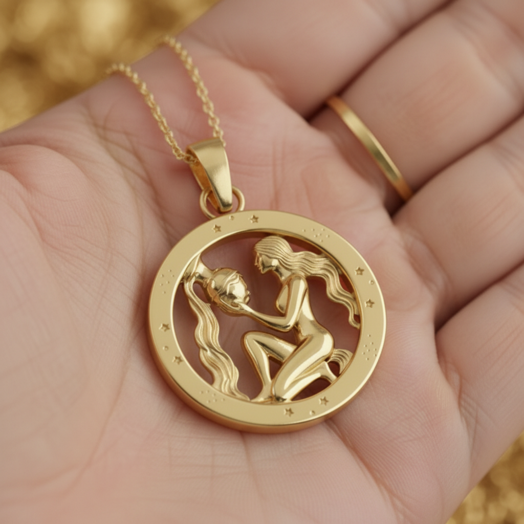 Aquarius Zodiac Pendant in 9K gold by MokshaGoldSculptures, matte finish, shown on a hand next to a gold ring.