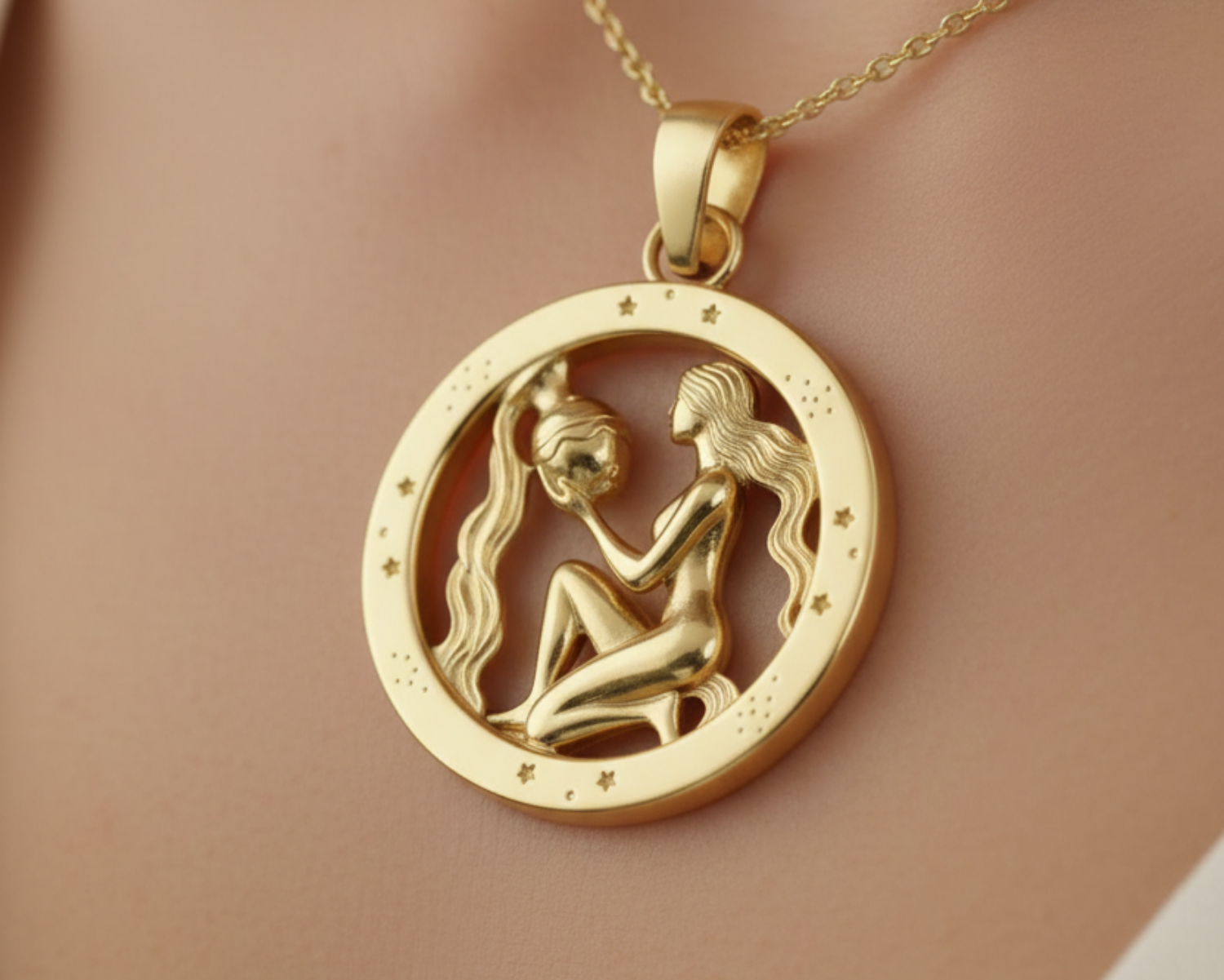 Aquarius Zodiac Pendant in 9K gold, sterling silver, or brass by MokshaGoldSculptures, cutout water bearer and stars.