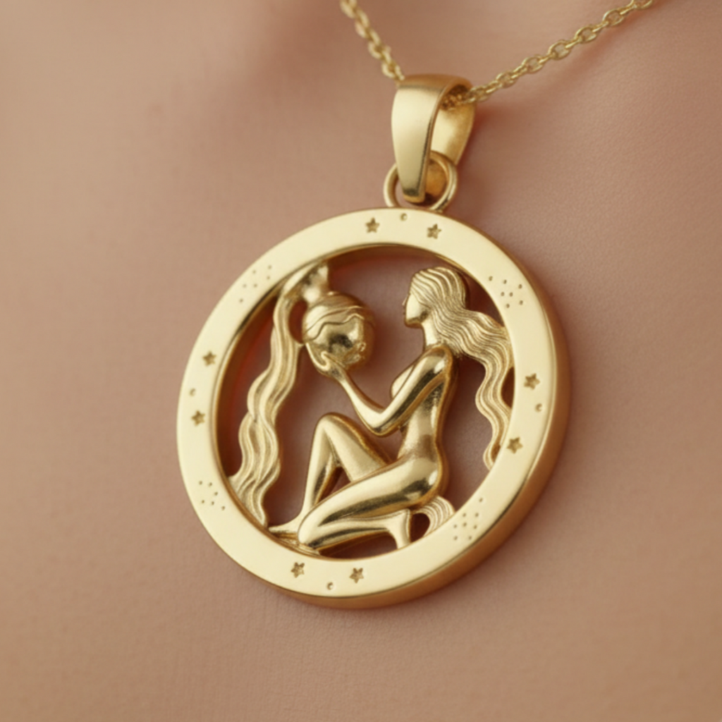 Aquarius Zodiac Pendant in 9K gold by MokshaGoldSculptures, 30mm round charm with water bearer design.