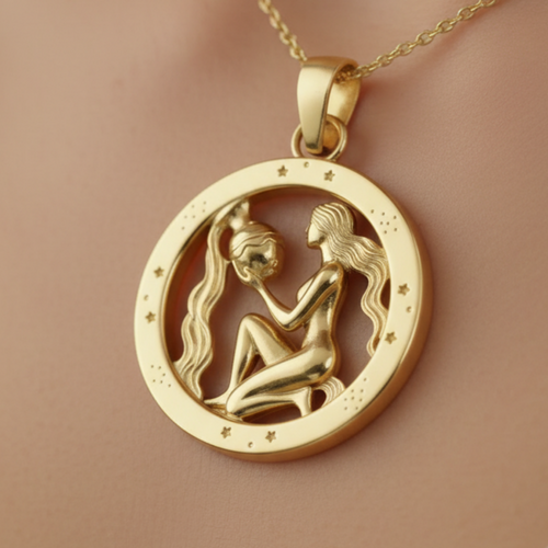 Aquarius Zodiac Pendant in 9K gold by MokshaGoldSculptures, 30mm round charm with water bearer design.
