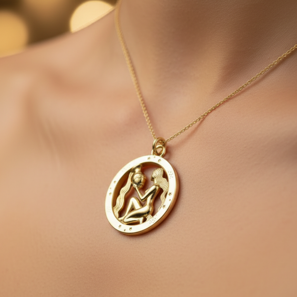 Aquarius Zodiac Pendant in 9K gold/silver/brass by MokshaGoldSculptures, Water Bearer design, worn on bare neck.