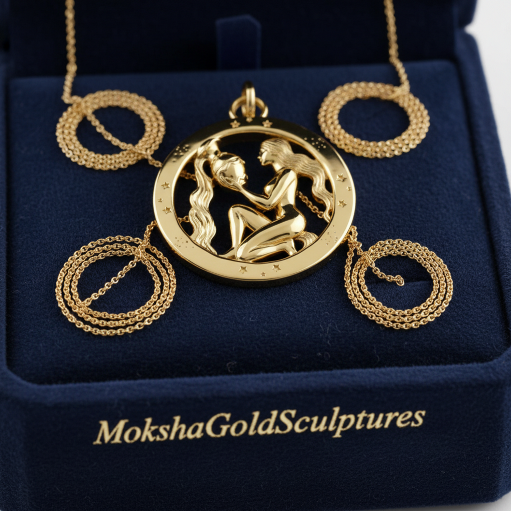Aquarius Zodiac Pendant in 9K gold, sterling silver, or brass by MokshaGoldSculptures, Water Bearer design, 30mm.