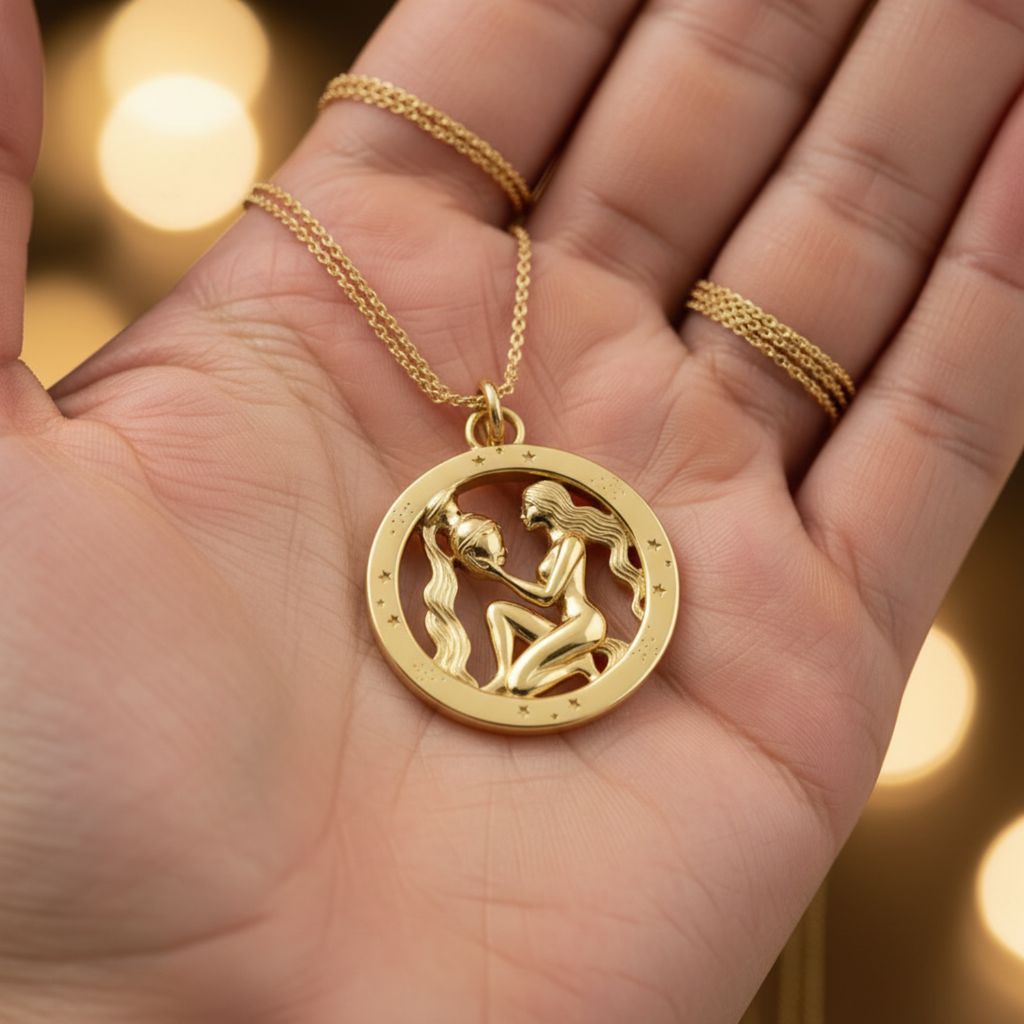 Aquarius Zodiac Pendant 30mm in 9K gold by MokshaGoldSculptures, two figures in star frame, held by hand.