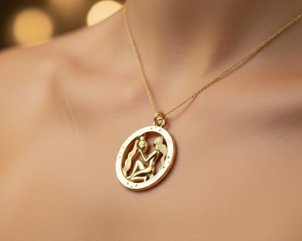 Aquarius Zodiac Pendant in 9K gold, sterling silver & brass by MokshaGoldSculptures, worn close-up.