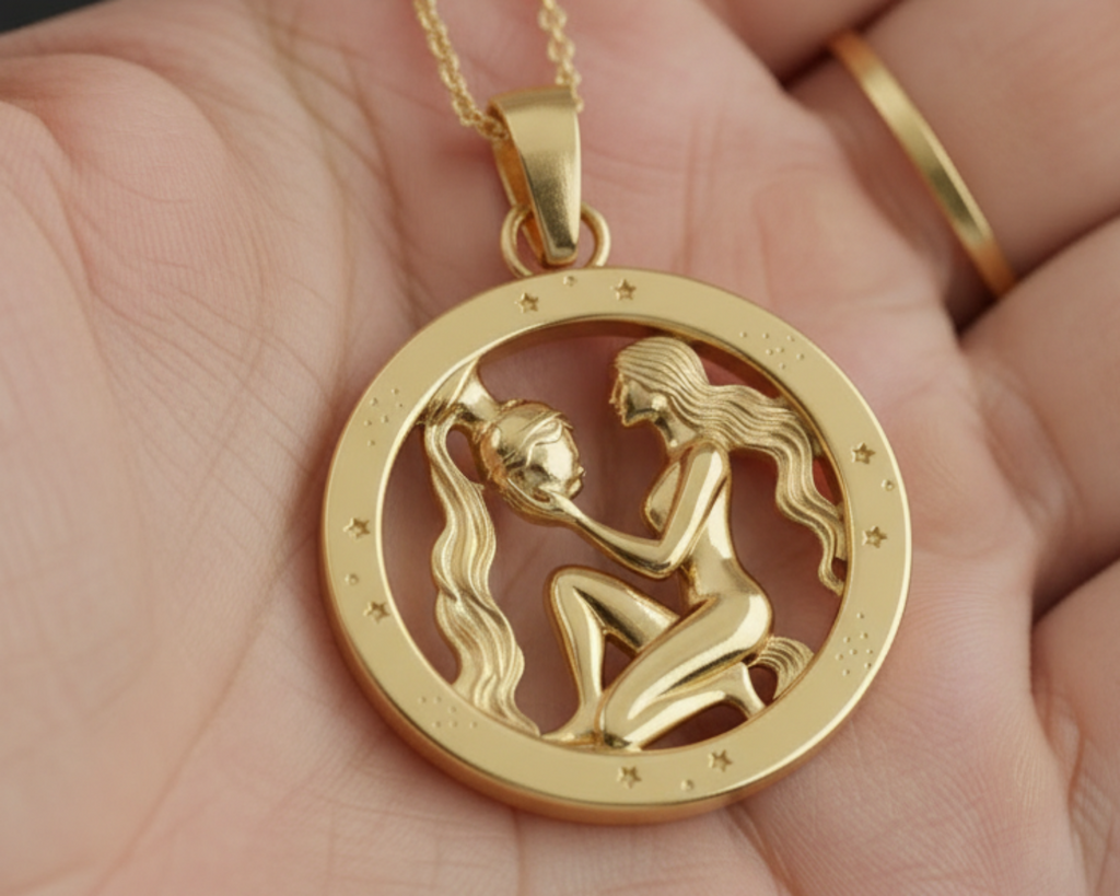 Aquarius Zodiac Pendant in 9K gold, sterling silver, or brass by MokshaGoldSculptures featuring kneeling woman and stars.