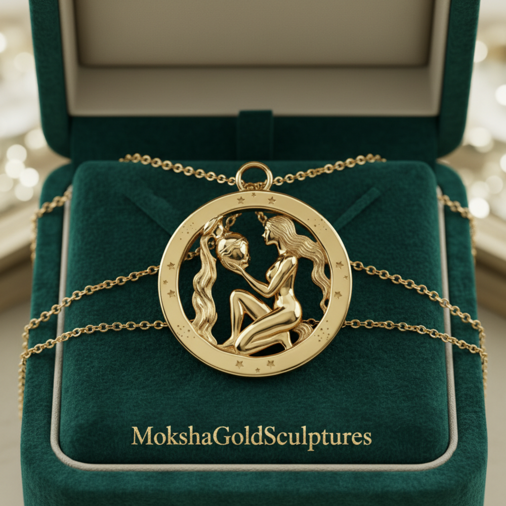 Aquarius Zodiac Pendant in 9K gold, sterling silver, brass by MokshaGoldSculptures.