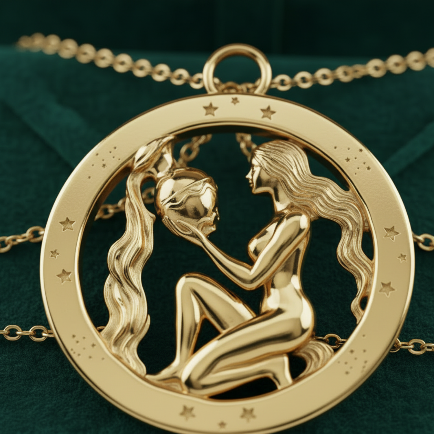 Aquarius Zodiac Pendant 30mm in 9K gold by MokshaGoldSculptures, seated woman with water vessel, on green velvet.
