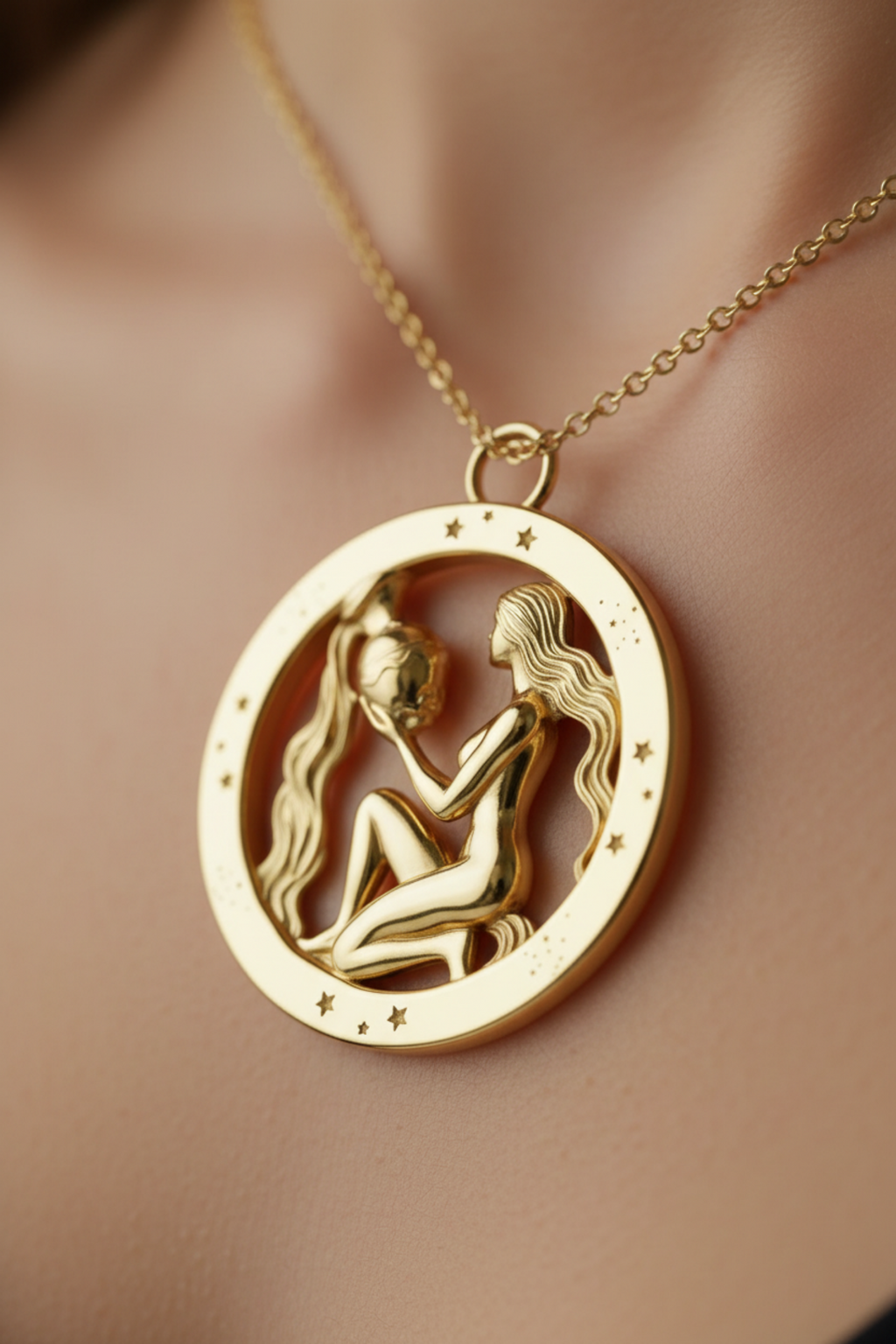 Aquarius Zodiac Pendant in 9K gold, sterling silver & brass by MokshaGoldSculptures, circular with star accents.