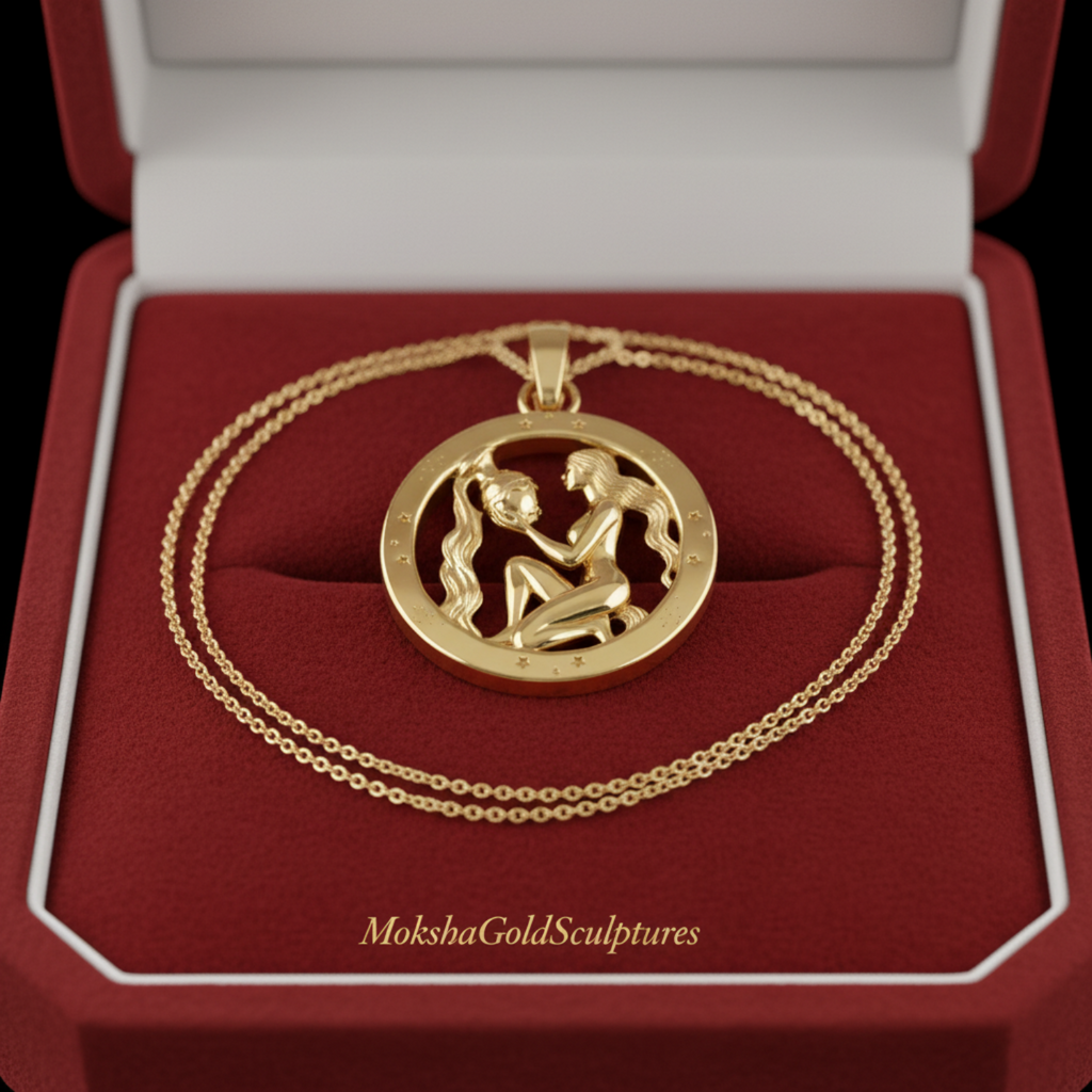 Aquarius Zodiac Pendant in 9K gold, sterling silver, or brass by MokshaGoldSculptures, with two mirrored figures.